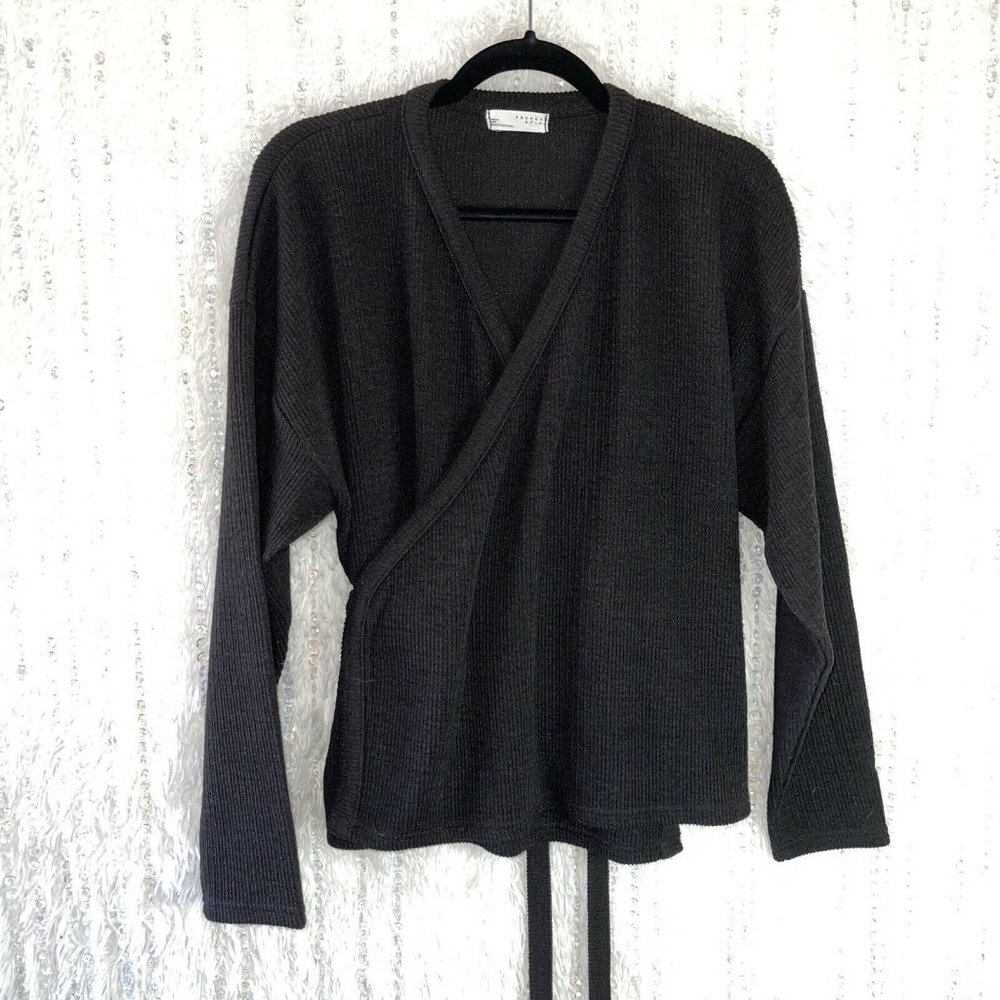 French Chic Wrap Top Sweater Women’s Size 2X 3X Black Knit Side Tie Knot Belt